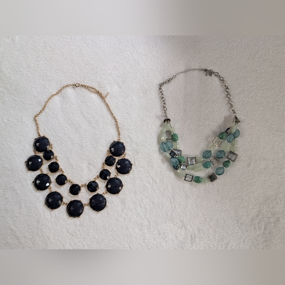 Two vintage necklaces, Cookie Lee in three stands green gems, gold Navy Bubbles
